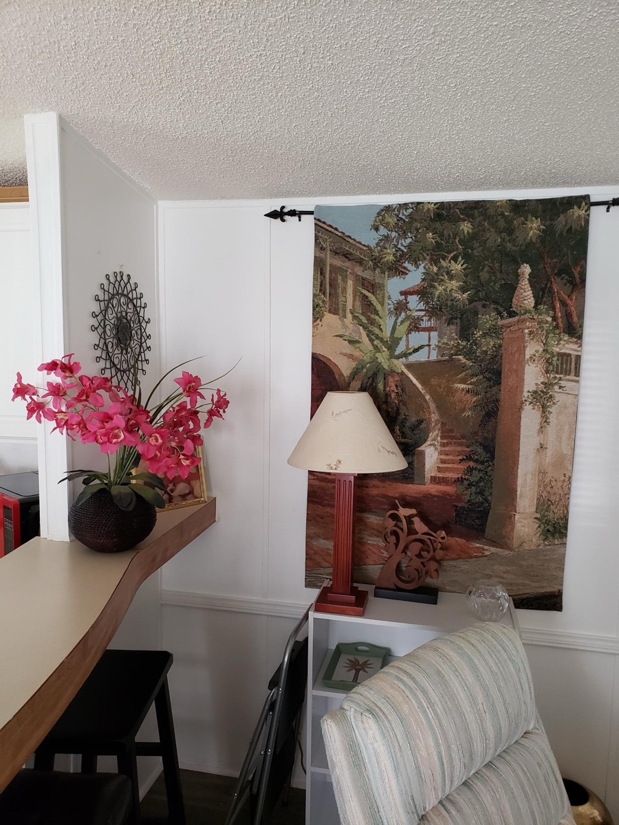 Living room with tapestry wall art and tropical décor