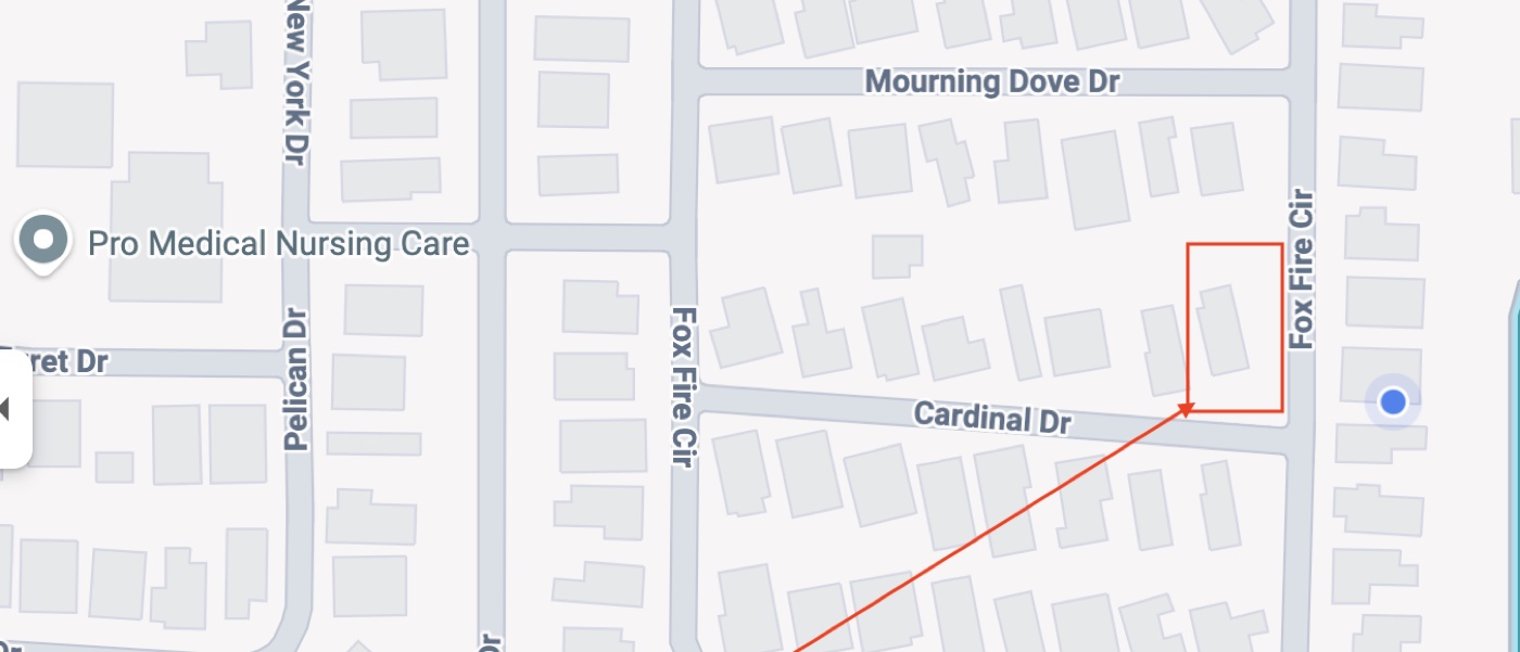 Map of Quail Hollow showing the home's lot on the corner of Cardinal Drive and Fox Fire Circle, New Smyrna Beach FL